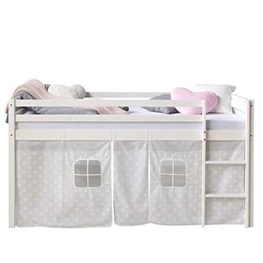 Homestyle4u 1888, Loft lit Blanc 90x200 Enfants, Rideau avec étoiles, Bois