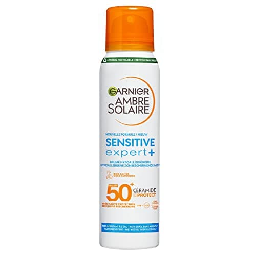 GARNIER Ambre Solaire Sensitive Expert+ - Brume Sèche - Protection Solaire FPS 50+ - Protège des UVA, UVB & UVA Longs - Résiste à L'eau - Céramides - Peaux Sensibles & Intolérantes au Soleil - 150 ml