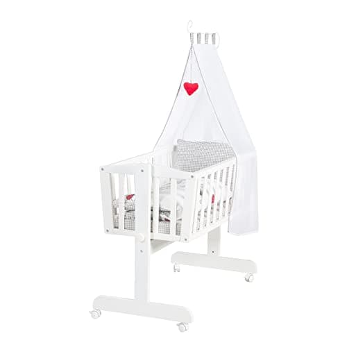 roba Berceau Complet Adam et Eule 40 x 90 cm - avec Fonction Basculante et Fixe - Équipement Textile Inclus - Bois Laqué Blanc - Motif Chouette