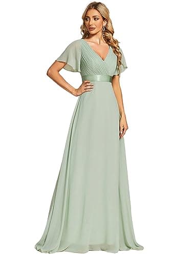 Ever-Pretty Robe De Soirée Style Long Manches Volantées Col en V Jupe Trapèze Robe Femme Chic Et Elegant Verte Menthe 38