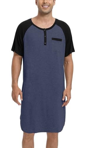 Enjoyoself Chemise de Nuit Homme Hauts de Pyjama Tee-Shirt Longueur Genou Col V avec Boutons Manches Courtes Vêtements d'Intérieur Douce Confortable Grande Taille Bleu Foncé+Noir 4XL