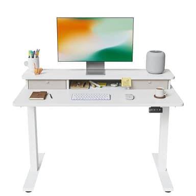 FEZIBO Bureau Debout Électrique Réglable en Hauteur avec Double Tiroir, Table de 100 x 60 cm avec Étagère de Rangement, Bureau Assis-Debout avec Panneau d'Assemblage, Cadre Blanc/Plateau Blanc