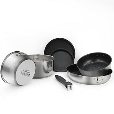 ROSSETTO Batterie de cuisine 7 Pièces Set de Poêles et Casseroles INOX Tous Feux Dont Induction 2 casseroles 16 et 20cm + 2 poêles 20 et 26cm + 1 poignée détachable + 2 couvercles