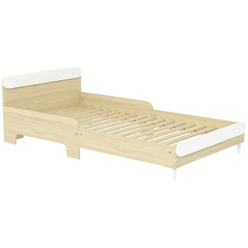 AIYAPLAY Lit d'enfant rectangulaire, 90x190 cm Lit d'enfant 3-10 ans avec cadre en bois de pin et barrières de protection pour chambre d'enfant, blanc et couleur bois