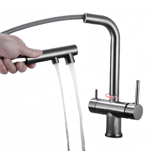 Robinet Cuisine 3 Voies Avec Douchette Extractible, Mitigeur 3 Voies Cuisine Pivotant à 360°, Robinetterie Cuisine Eau Potable, Robinet Évier De Cuisine Avec Sortie Eau Filtrée (gris)