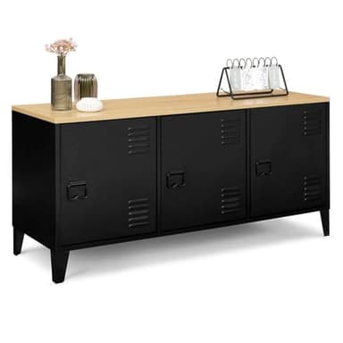 IDMarket - Buffet Bas 113 cm Ester 3 Portes métal Noir Plateau Bois Design Industriel