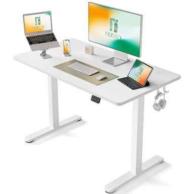 FEZIBO Bureau Assis Debout Électrique, 100 x 60 cmBureau Table Debout Réglable en Hauteur Acier T Pieds avec Système Anti-Collision, Panneau Contrôle à Fonctions Mémoires, Planche Blanc