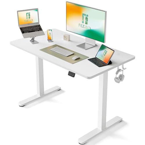 FEZIBO Bureau Assis Debout Électrique, 100 x 60 cmBureau Table Debout Réglable en Hauteur Acier T Pieds avec Système Anti-Collision, Panneau Contrôle à Fonctions Mémoires, Planche Blanc