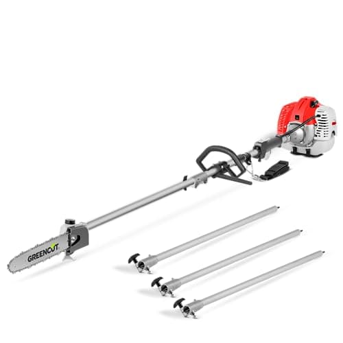 GREENCUT PP650X - Tronçonneuse élagueuse en hauteur, moteur essence 2 temps 56cc 4.9hp, lame de 305mm et hauteur maximale de 5m, avec 3 barres extensibles