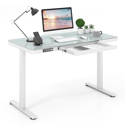 COSTWAY Bureau Assis Debout Electrique, 120 x 60 cm avec Tiroir, Bureau Table Réglable en Hauteur, Plateau en Verre Trempé Inscriptible & Effaçable, USB-A & Type-C, 2 Positions de Mémoire (Blanc)