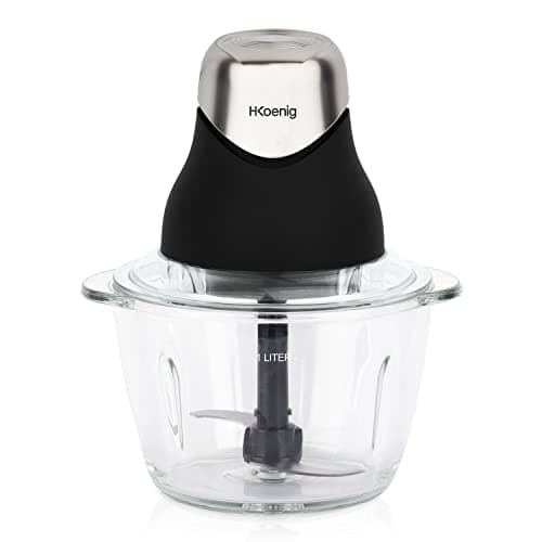 H.Koenig Mini Hachoir Electrique Noir mat chrome LEO8 Résistant Bol Verre Gradué 1L Lames Inox, Facile d'utilisation, Légumes, Viande, Epices, Fruits Secs, Couvercle de conservation