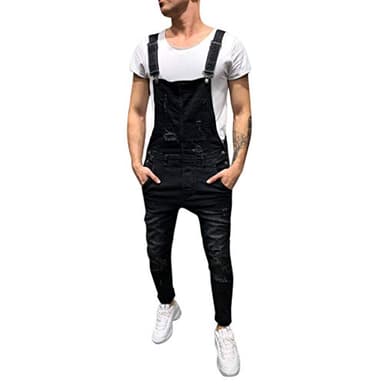 Salopette Homme Jean Slim Dechiré Fashion Grande Taille Jumpsuit en Denim Pas Cher Vintage Pantalon Jeans avec Poches (L, Noir)