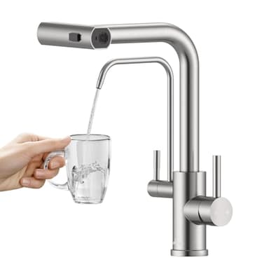 APPASO Robinet de cuisine à 3 voies pour filtre à eau, 4 modes cascades 3 en 1, mitigeur de cuisine pour filtre à eau, robinet de cuisine rotatif à 360°, robinet d'eau potable avec douchette