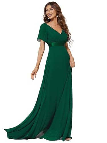 Ever-Pretty Robe De Soirée Style Long Manches Volantées Col en V Jupe Trapèze Robe Femme Chic Et Elegant Vert Foncé 36
