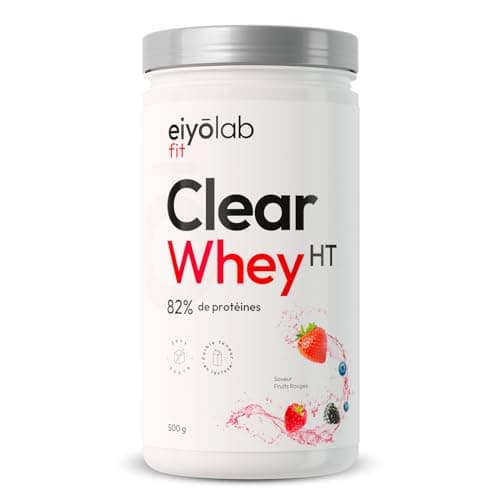 CLEAR WHEY HT | Whey Isolate Rafraîchissante | 85% de Protéines | Riche en BCAA et Glutamine | Protéines Musculation | Pauvre en Lactose | Texture Légère et Fruitée Goût Fruits Rouges | 500g | Eiyolab