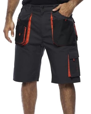 Shorts de Travail Homme, Cargo Shorts Hommes ete, Coton/Poly 260 GR, multipoche, Pantalon Cargo Homme, Grandes Tailles, Bermuda de Travail, Vetement ete ,Noir/Orange,M(50)