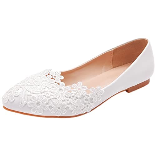 Jamron Femme Élégant Bout Pointu Fleur Dentelle Chaussures de Mariée Escarpins Semelle Souple Ballerines Blanc SN070435 EU38