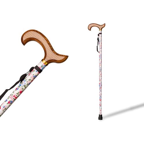 Canne en aluminium extensible réglable en hauteur (74-95 cm) avec poignée en bois soufflé, embout antidérapant et finition florale. Canne béquille pour soutien et aide à la marche (402FC)