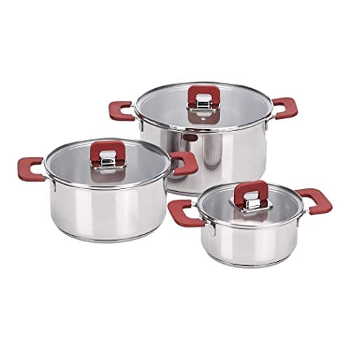 Amazon Basics Batterie de Cuisine à Induction 3 Pièces en Acier Inoxydable - avec Couvercle Empilable, Poignée au Toucher Doux - 16/20/24 cm