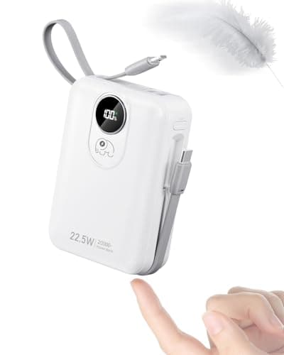 Batterie Externe 20000mAh avec Câble intégré : 22.5W Power Bank à Charge Rapide pour téléphone Portable, Batterie USB C (Input & Output), Chargeur Portable avec 4 Sorties et 2 entrées- Blanc