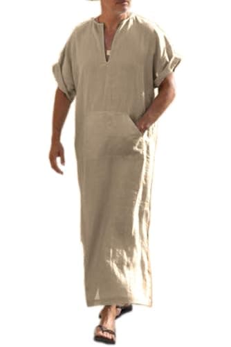 COOFANDY Chemise de Nuit pour Homme Pyjama à Manches Courtes Robes pour Homme en Coton et Lin Robes de Nuit à col en V avec Poches Chemise pour Homme Sleepshirt Kaki S