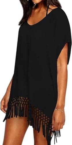 Robe de Plage Femme Cache Maillot de Bain Tunique Paréo en Mousseline Crochet Dentelle pour Eté Couvrir Bikini Style Bohême Grande Taille (Blanche & Noir) (1#-Noir)