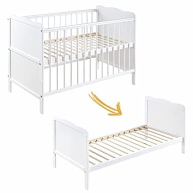 moto-MOLTICO Lit Bébé 60x120 cm – Lit en Bois Réglable en Hauteur, Transformable en Lit Enfant avec Barrières de Protection – Lit Bébé Fille et Garçon – Blanc