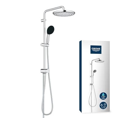 GROHE Vitalio Start System 250, Colonne de Douche avec Inverseur Manuel, Douche de Tête 25cm 2 jets, Douchette Ronde 11cm 2 jets, 2 Flexibles, Economie d'Eau, Chromé, 26680001