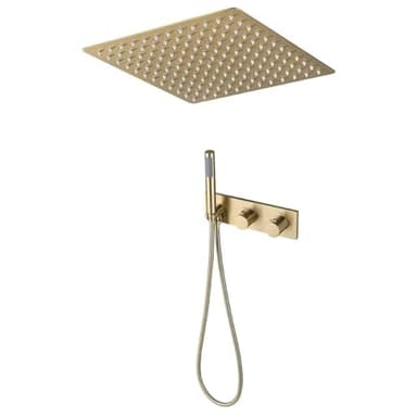 Colonne de Douche Thermostatique Dorée, Moderne 16inch / 400mm Pluie Ensemble de Douche Encastré, Système de Douche Encastré Pose au Plafond, Douchette, 59A Laiton (Or Brossé)