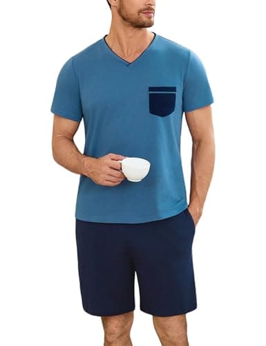 Marvmys Pyjamas Courts d'Été pour Hommes Pyjamas Deux Pièces en Coton Léger T-Shirt à Manches Courtes avec Col en V avec Poche sur La Poitrine Et Short S-3XL