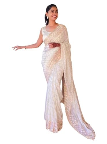 KULIA® Sari Traditionnel Avec Chemisier Non Cousu Vêtements Traditionnels Ethnique Feu Broderie Crème Style Bollywood Georgette Saree Vêtements Indiens Saree Femmes Robe Traditionnelle Saree