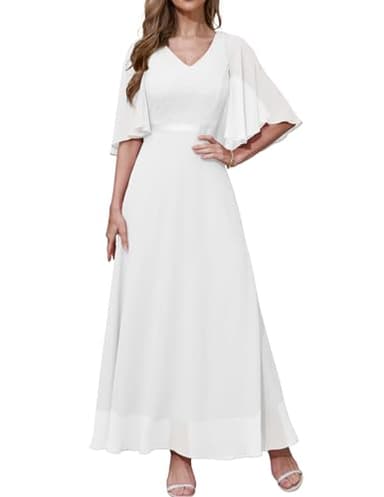 DRESSTELLS Robe de Soirée Femme Élégante en Col V pour Cocktail Cérémonie Bal de Promo, Robe Demoiselle d'honneur Femme pour Mariage Invité avec Manches Courtes Blanc M