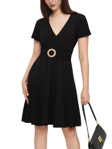 LIAMERHE Femme Robe de Eté Col V Chic et Elegant Taille Haute Robes A-Line Casual Pulloverkleid Mini Robe Imprimée pour Fête Mariage Noir XL