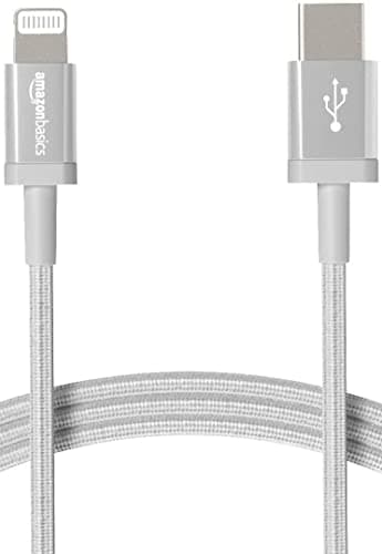 Amazon Basics Câble USB-C vers Lightning en nylon tressé, chargeur certifié MFi pour iPhone 13/12/11/X/XS/XR/8 - 1.8 m, argenté