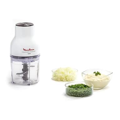 Moulinex Hachoir électrique, 400 ml, 300 W, 4 lames, Fonctions 3-en-1, Emince, Hache, Mixe, Système de pression simple, Moulinette Essential DJ520110, Blanc