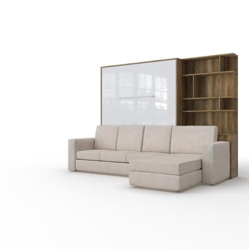 MAXIMAHOUSE Lit escamotable Vertical avec canapé d'angle et la bibliothèque Invento 160V LED (160×200) (Chêne Country/Blanc Brillant+Sofa Beige/Marron Clair)