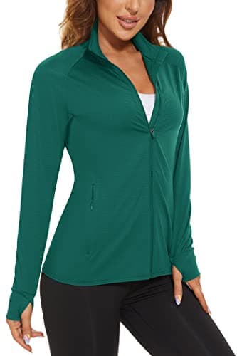 KEFITEVD Veste Sport Séchage Rapide pour Femmes UPF 50+ Hauts Zippés Course Pied pour Femmes Veste Eté Anti-UV avec 2 poches,Vert Emeraude,L