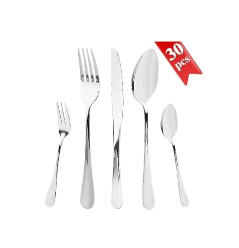 Set de Couverts pour 6 Personnes, 30 Pièces Couverts avec Couteau, Fourchette, Couverts de Table Polis Miroir, Couverts Lavables Au Lave-Vaisselle, Couverts en Acier Inoxydable pour La Maison