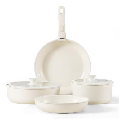 CAROTE Batterie de Cuisine Induction 7 Pièces, Céramique Revêtement Antiadhésif, Poele Induction 24/28cm, Casserole 18cm, Sauteuse 26cm, Poignée Amovible, Passe au Four, San PFAS