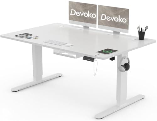 Devoko Bureau Assis Debout Électrique 140×80cm, Bureau Réglable en Hauteur avec Port de Charge USB, 3 Positions Mémorisables, Boîte de Câbles