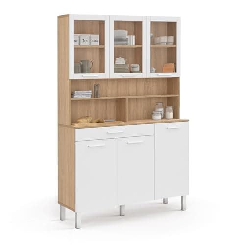 IDMarket - Buffet de cuisine vitré 120 CM CINA 6 portes + tiroir façon hêtre et blanc