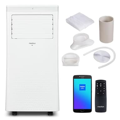 MEDION P702 (MD 37737) Climatiseur mobile intelligent avec tuyau d'évacuation d'air (y compris joint de fenêtre, 3en1, jusqu'à 25qm, 7.000 BTU, refroidir, déshumidifier, ventiler, commande App et voca