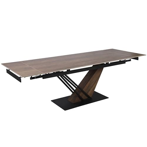 Casa Vital Marna Table de salle à manger extensible avec plateau en céramique aspect chêne 180-240 cm, 2 étagères, structure en métal avec revêtement en poudre, centre moderne, capacité de charge de