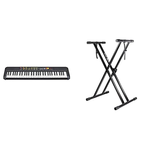 Yamaha PSR-F52 Clavier Arrangeur - Un clavier compact pour les débutants avec 61 notes,finition en noir & Support pour clavier pré-assemblé double embase RockJam Xfinity avec sangles de sécurité