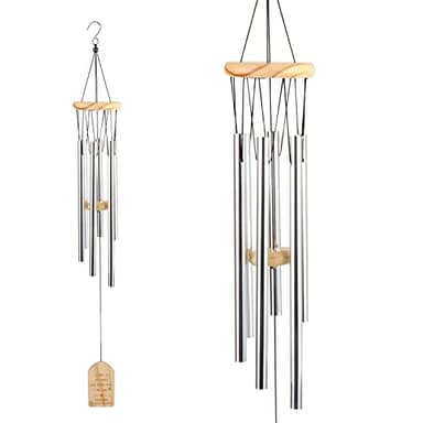Carillon a Vent Exterieur Carillon à Vent de Jardin avec 6 Tube Aluminium en Métal Carillon Éoliens Nature Mélodieux pour Jardin Maison Patio Balcon Décoration(Argent)