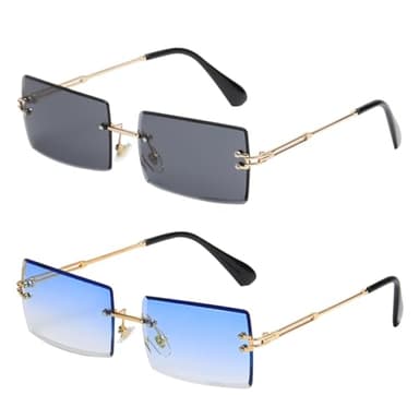SKHAOVS 2 Paires Lunettes de Soleil Rectangulaires Rétro Lunettes Rectangulaires Protection, Vintage Lunette de Soleil Rectangulaire Sans Monture Homme Femme, Lunettes Teintées