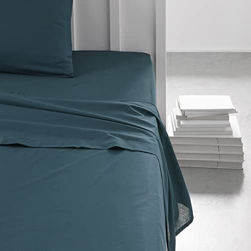 Today Essential - Drap Plat 2 Personnes 240X300 cm Coton Uni Bleu, Paon, Reine