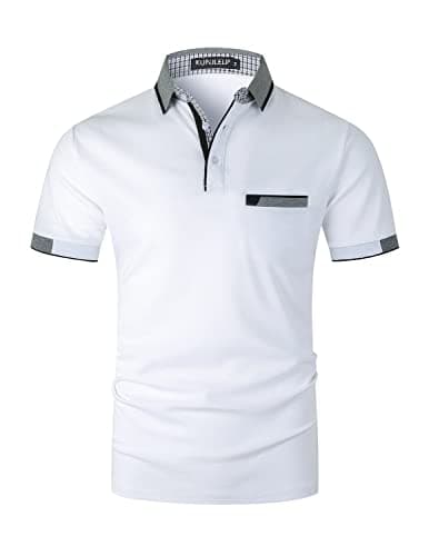 KUNJLELP Polo à Poche pour Hommes Chemise à Manches Courtes Col à Carreaux Chic Chemise de Travail Uniformes,A-Blanc,L