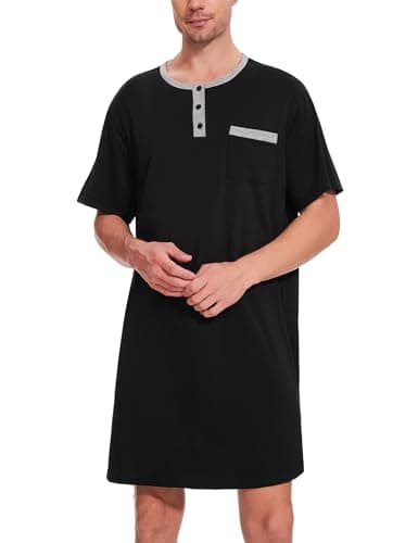 Uniexcosm Chemise de Nuit pour Hommes à Manches Courtes Coton Chemise de Nuit Loose Comfy Sleep Shirt Soft Nightgown avec Boutons Noir XL