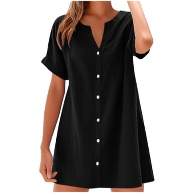 AEGJEGVD Robe Chemise Droite Boutonnée devant Blanche Coton Lin Femme T-Shirt Robe de Travail Chic et Elegant Décontractée Chemise Manche Courte Jupe Vêtements Femme Soldes Chemise Robes de Soleil